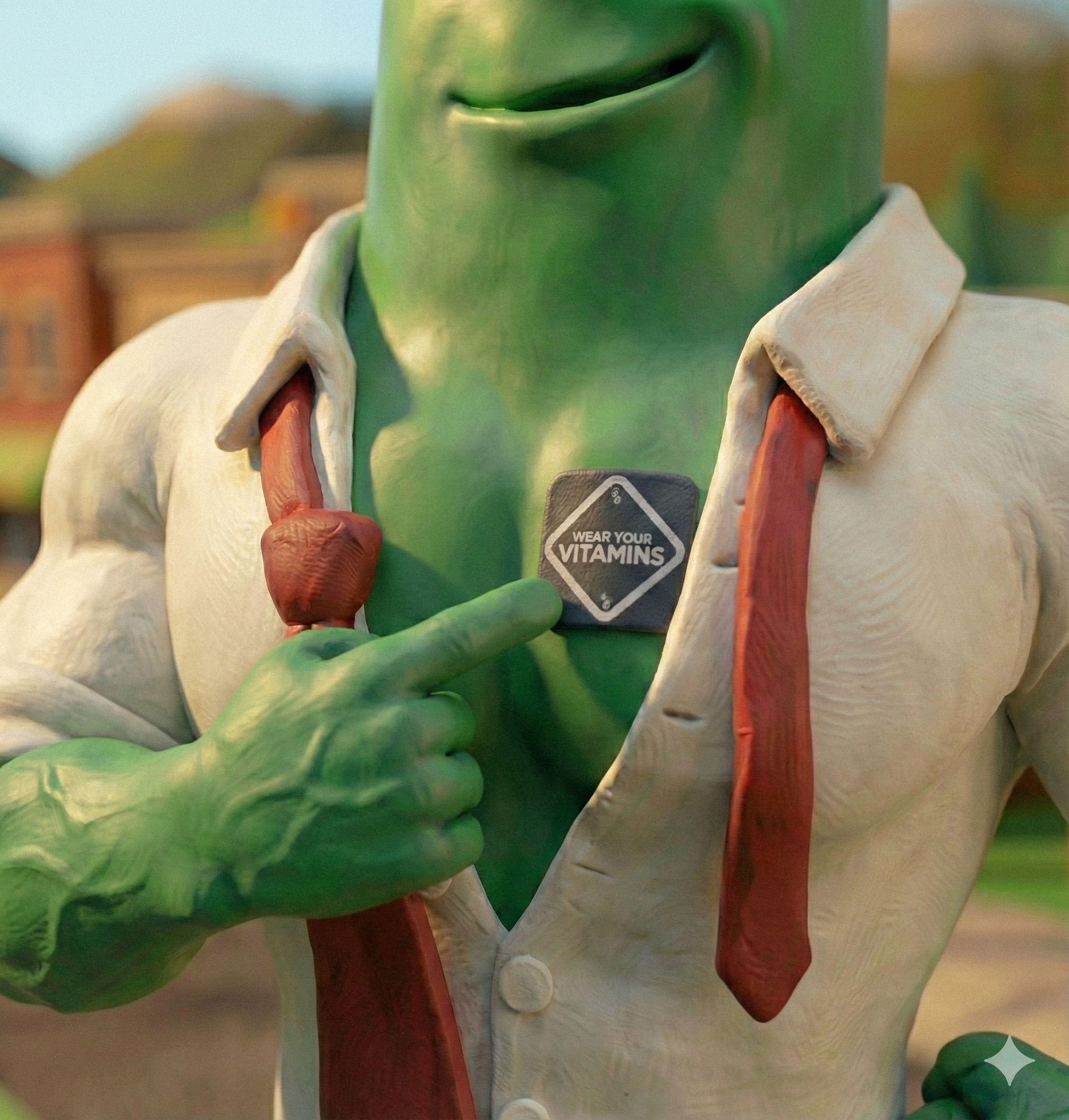 Claymation pickle hero proudly pointing to a Pickle Patch on his chest