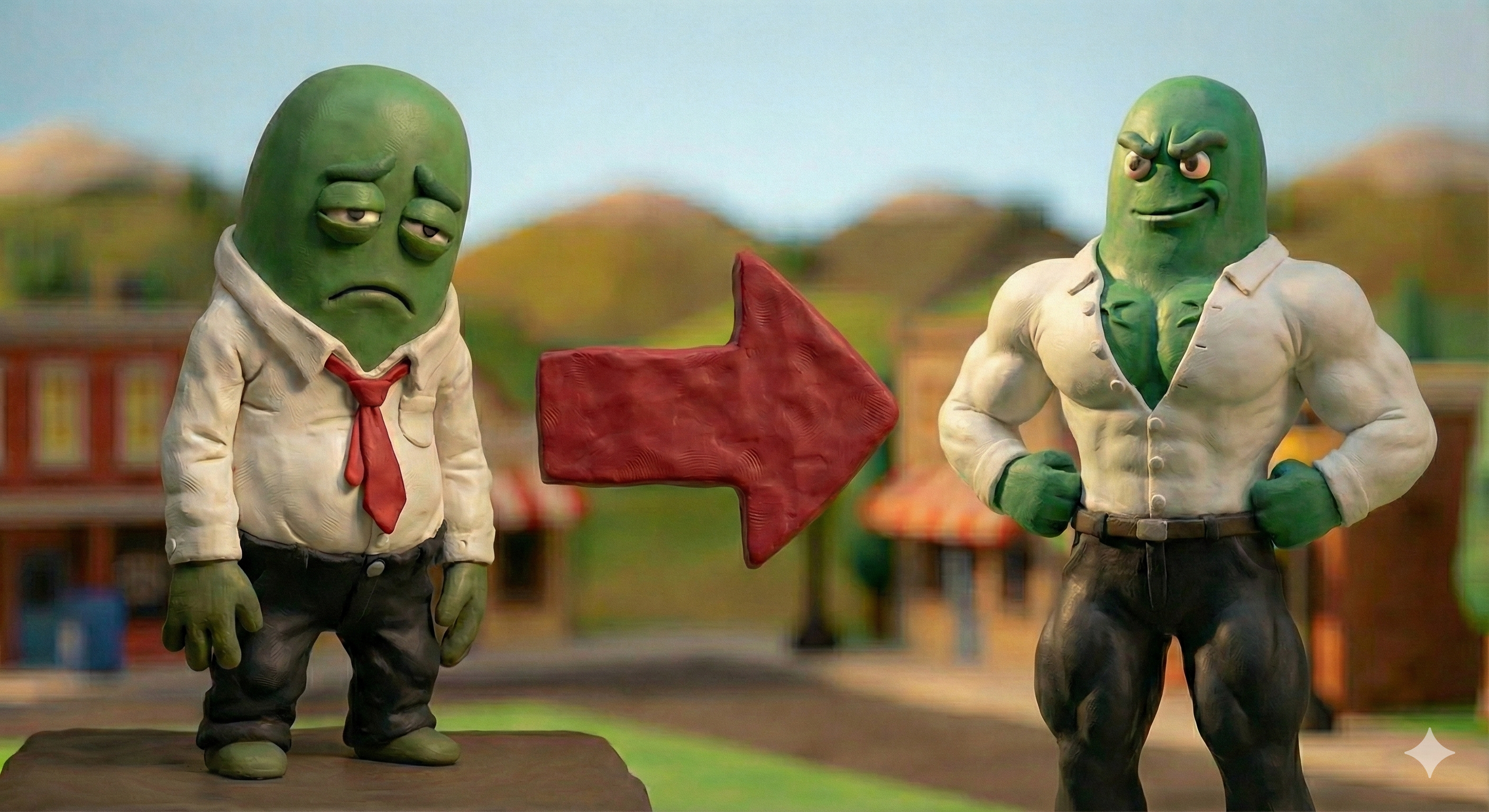 Sad office pickle transforming into a strong, confident office pickle